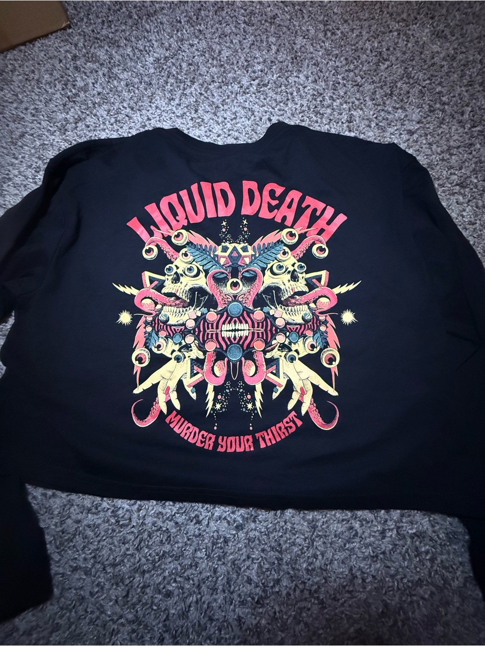Black Graphic Long-Sleeve crop top- Pink & Yellow Skull Design